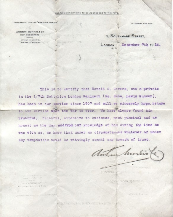1916 letter of reference for soldier Harold Cavers